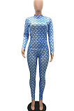Blue Women Fashion Autumn Winter Sexy Stand Collar Tight Printing Long Sleeve Milk Silk Zipper Pants Sets MR2115-4
