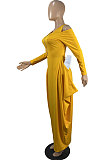 Yellow New Autumn Long Sleeve Off Shoulder Zip Front Loose Lantern Dress ZQ8121-3