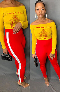 Red Cotton Blend Print A Wrod Shoulder Long Sleeve T-Shirt Sweat Pants Two-Piece LSN7118-1