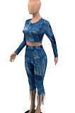 Black Euramerican Women Fashion Printing Tassel Long Sleeve Pants Sets KKY80049-2