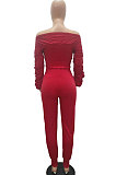 Rose Red Women Lantern sleeve Pure Color Bodycon Fashion A Word Shoulder Elastic Force Pants Sets MR2117-3