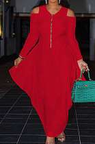 Red New Autumn Long Sleeve Off Shoulder Zip Front Loose Lantern Dress ZQ8121-2