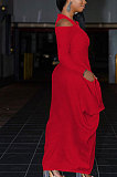 Red New Autumn Long Sleeve Off Shoulder Zip Front Loose Lantern Dress ZQ8121-2