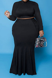 Black Euramerican Autumn Sexy Dew Waist Long Sleeve Stand Collar Pure Color Mid Waist Plus Skirt Sets PH13243-1