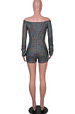 Black Women Sexy A Word Shoulder Long Sleeve Sequins Romper Shorts MA6706-2