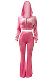 Pink Euramerican Women Korea Velvet Hooded Long Sleeve Zipper Solid Color Flare Leg Pants Sets NK264-1