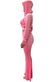 Pink Euramerican Women Korea Velvet Hooded Long Sleeve Zipper Solid Color Flare Leg Pants Sets NK264-1