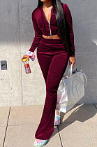 Wine Red Euramerican Women Korea Velvet Hooded Long Sleeve Zipper Solid Color Flare Leg Pants Sets NK264-6