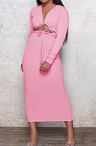 Pink Euramerican Women Autumn Sexy Bandage Ribber Long Sleeve Pure Color Long Drees PH1240-2