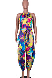 Multicolor Women Euramerican Printing Tied Off Shoulder Loose Waistband Split Casual Jumpsuit MA6723