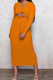 Orange Euramerican Women Autumn Sexy Bandage Ribber Long Sleeve Pure Color Long Drees PH1240-3