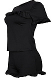 Black Women Euramerican Short Sleeve Flounce Solid Color Shorts Sets MA6707-1