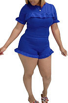 Blue Women Euramerican Short Sleeve Flounce Solid Color Shorts Sets MA6752
