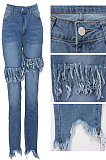 Blue Women Sexy Tight Elastic Force Tassel High Waist Jeans Long Pants SMR2313