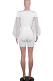 White Euramerican Women Mesh Spaghetti Perspectivity Sleeve Round Collar Pure Color Shorts Sets MA6669-1