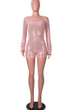 Pink Women Sexy A Word Shoulder Long Sleeve Sequins Romper Shorts MA6706-1