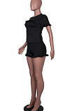 Black Women Euramerican Short Sleeve Flounce Solid Color Shorts Sets MA6707-1