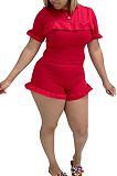 Red Women Euramerican Short Sleeve Flounce Solid Color Shorts Sets MA6707-2