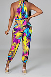 Multicolor Women Euramerican Printing Tied Off Shoulder Loose Waistband Split Casual Jumpsuit MA6723