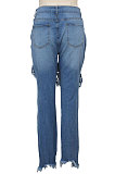 Blue Women Sexy Tight Elastic Force Tassel High Waist Jeans Long Pants SMR2313