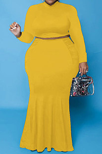 Yellow Euramerican Autumn Sexy Dew Waist Long Sleeve Stand Collar Pure Color Mid Waist Plus Skirt Sets PH13243-3