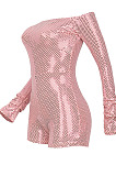 Pink Women Sexy A Word Shoulder Long Sleeve Sequins Romper Shorts MA6706-1
