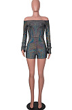 Black Women Sexy A Word Shoulder Long Sleeve Sequins Romper Shorts MA6706-2