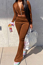 Brown Euramerican Women Korea Velvet Hooded Long Sleeve Zipper Solid Color Flare Leg Pants Sets NK264-5