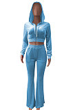 Dark Blue Euramerican Women Korea Velvet Hooded Long Sleeve Zipper Solid Color Flare Leg Pants Sets NK264-7