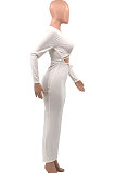 White Euramerican Women Autumn Sexy Bandage Ribber Long Sleeve Pure Color Long Drees PH1240-1