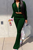 Dark Green Euramerican Women Korea Velvet Hooded Long Sleeve Zipper Solid Color Flare Leg Pants Sets NK264-4