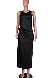 Russet-Red Solid Color Women High Waits Hollow Out Split Cross Trendy Sleeveless Long Dress MA6729-1