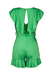 Green Euramerican Women Solid Color Sexy Flounce V Collar Romper Shorts MA6728-1