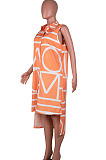 Orange Women Euramerican Fashion Printing Irregular Single-Breasted Sleeveless T Shirt/Shirt Dress MA6731-2