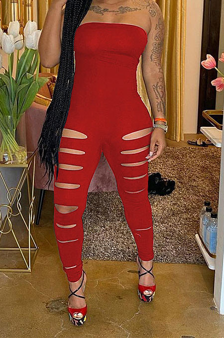 Red Women Sleeveless Solid Color Strapless Hole  Bodycon Jumpsuits MA6725-2