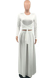 White Euramerican Women Casual Fashion Long Sleeve Solid Color Tied Skirts Sets PH13251-1