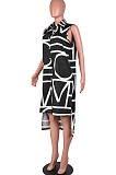 Black Women Euramerican Fashion Printing Irregular Single-Breasted Sleeveless T Shirt/Shirt Dress MA6731-1