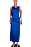 Blue Solid Color Women High Waits Hollow Out Split Cross Trendy Sleeveless Long Dress MA6729-4