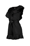 Black Euramerican Women Solid Color Sexy Flounce V Collar Romper Shorts MA6728-2