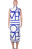 Blue Women Euramerican Fashion Printing Irregular Single-Breasted Sleeveless T Shirt/Shirt Dress MA6731-3