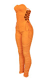 Orange Euramerican Women Sexy Strapless Ruffle Tied Pure Color Bodycon Jumpsuits MA6726-1