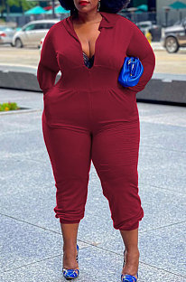 Wine Red Women Pure Color Hooded Tops Long Sleeeve Zipper Pocket Plus Jumpsuit PH13248-4