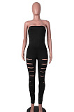 Black Women Sleeveless Solid Color Strapless Hole  Bodycon Jumpsuits MA6725-1