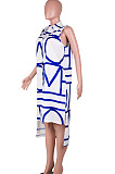 Blue Women Euramerican Fashion Printing Irregular Single-Breasted Sleeveless T Shirt/Shirt Dress MA6731-3