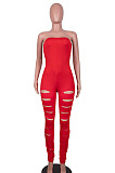 Red Women Sleeveless Solid Color Strapless Hole  Bodycon Jumpsuits MA6725-2