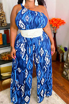 Blue Women Tie Dye One Shoulder Printing Sleeveless Casual Jumpsuit MA6732-2