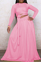 Pink Euramerican Women Casual Fashion Long Sleeve Solid Color Tied Skirts Sets PH13251-2