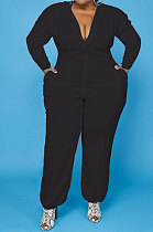 Black Women Pure Color Hooded Tops Long Sleeeve Zipper Pocket Plus Jumpsuit PH13248-2