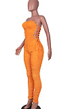 Orange Euramerican Women Sexy Strapless Ruffle Tied Pure Color Bodycon Jumpsuits MA6726-1