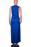 Blue Solid Color Women High Waits Hollow Out Split Cross Trendy Sleeveless Long Dress MA6729-4